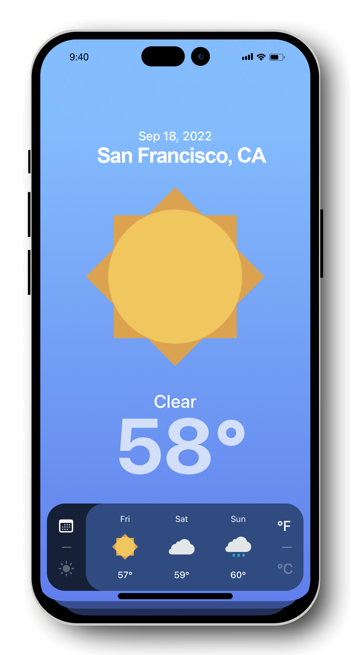 SnapCast displaying the current weather and forecast on iPhone